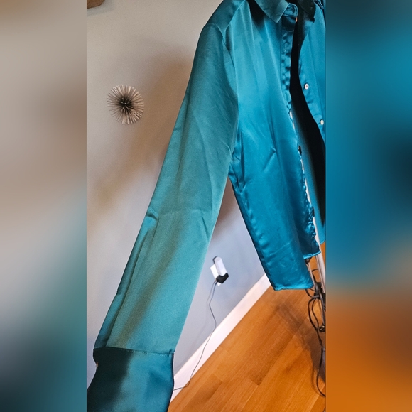 NWOT, Medium, Teal button down satin top. (Long) - Picture 3 of 5